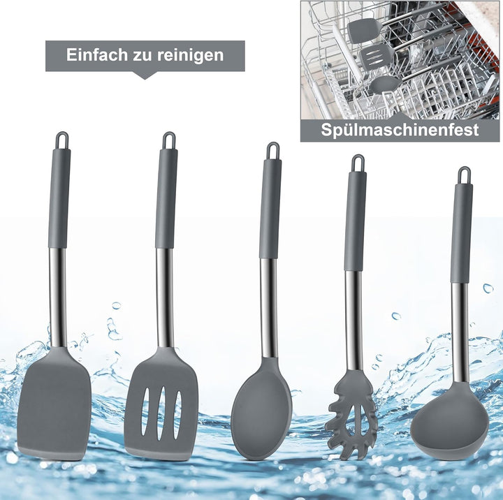 Herogo Küchenhelfer Set, 7 Stück Silikon Küchenutensilien Set, Küchenutensilienset mit Edelstahlgrif