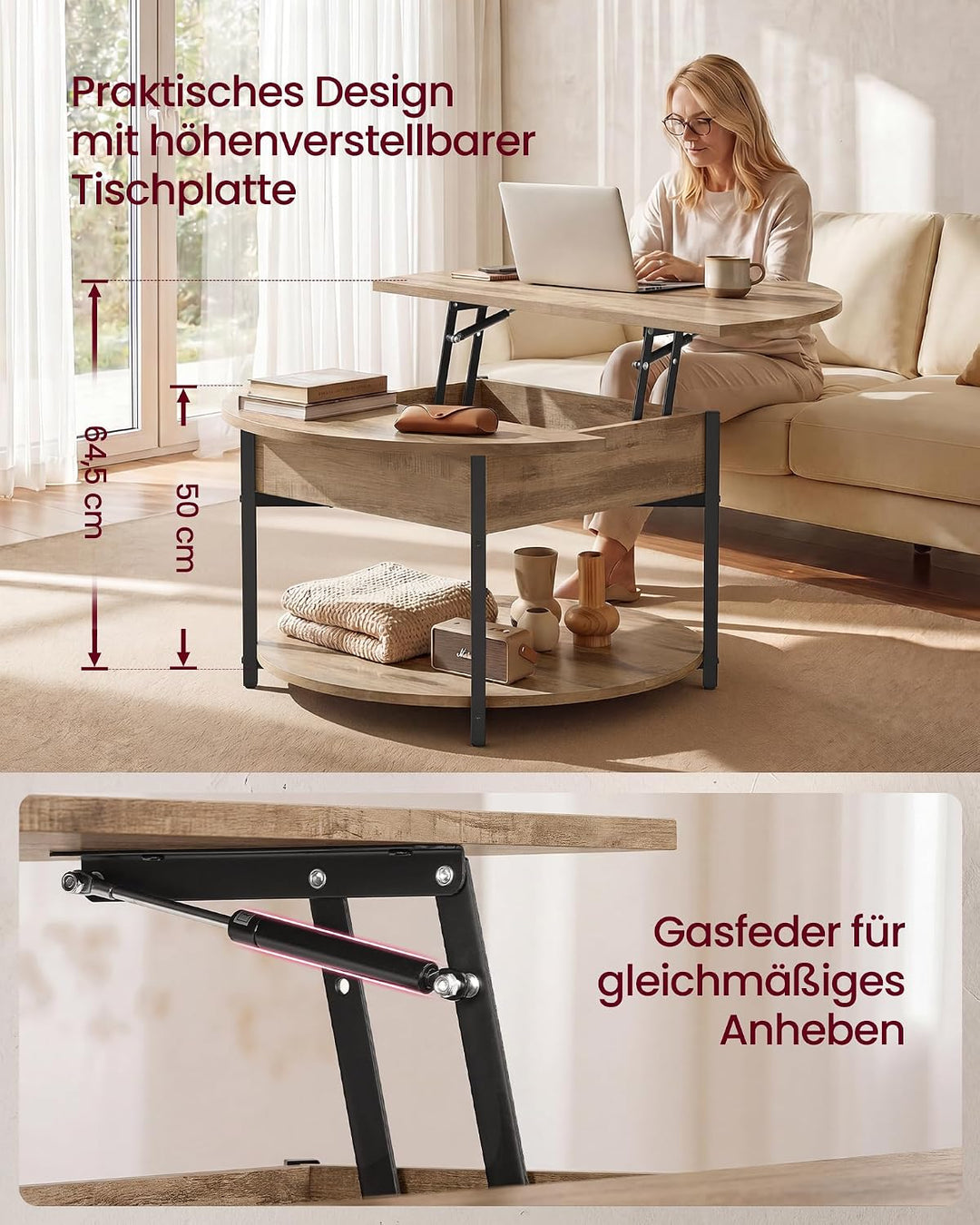 VASAGLE Couchtisch rund LCT266L101 Rustikales Braun + Mattschwarz, Rustikales Braun + Mattschwarz