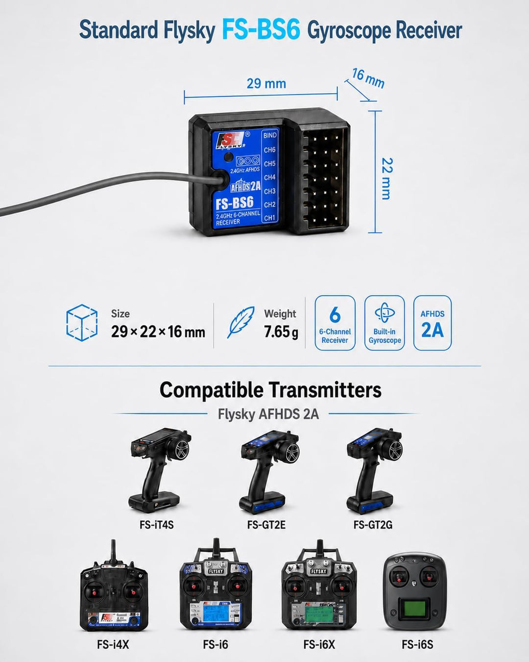 Flysky FS-GT5 6CH RC Fernsteuerung mit FS-BS6 Gyro Empfänger Set,2.4GHz AFHDS 2A Sender für RC Crawl