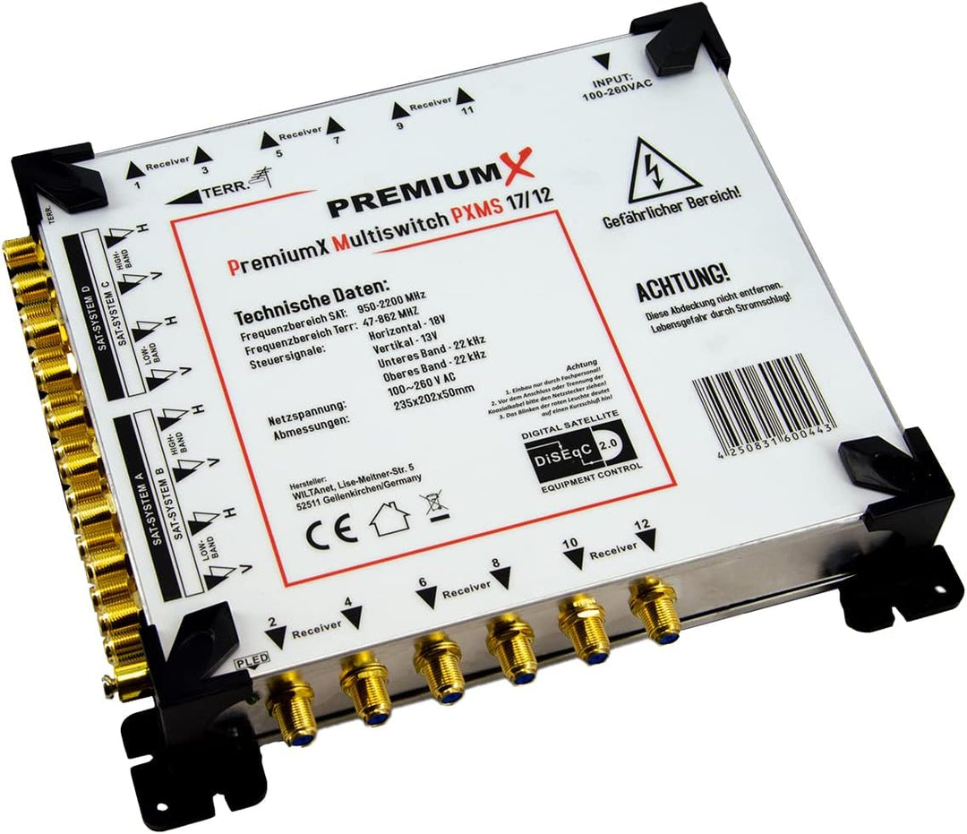 PremiumX PXMS 17/12 Multischalter mit Netzteil Multiswitch 4 SAT für 12 Teilnehmer Satverteiler Digi