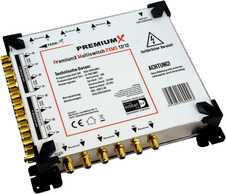 PremiumX PXMS 17/12 Multischalter mit Netzteil Multiswitch 4 SAT für 12 Teilnehmer Satverteiler Digi