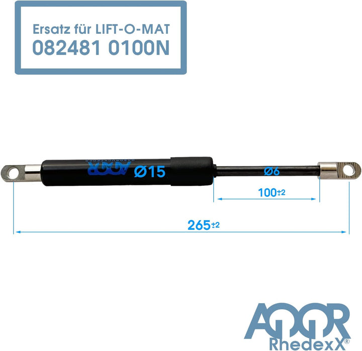 RhedexX® Gasdruckfeder Ersatz für STABILUS LIFT-O-MAT 082481 0100N - 265mm/100mm/100N mit M6 Augenau