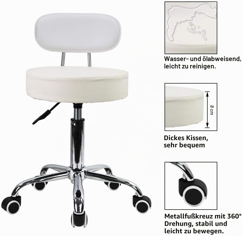 KKTONER Rollhocker mit Rückenlehne 360° drehbar Arbeitshocker höhenverstellbar 48-64cm für Büro Salo