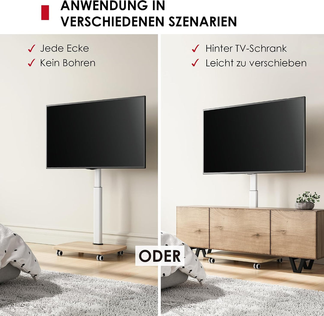 AOKCOS TV Ständer Rollbar mit Holzablage, Fernsehständer auf Rollen für 32-65 Zoll Fernseher, TV Bod