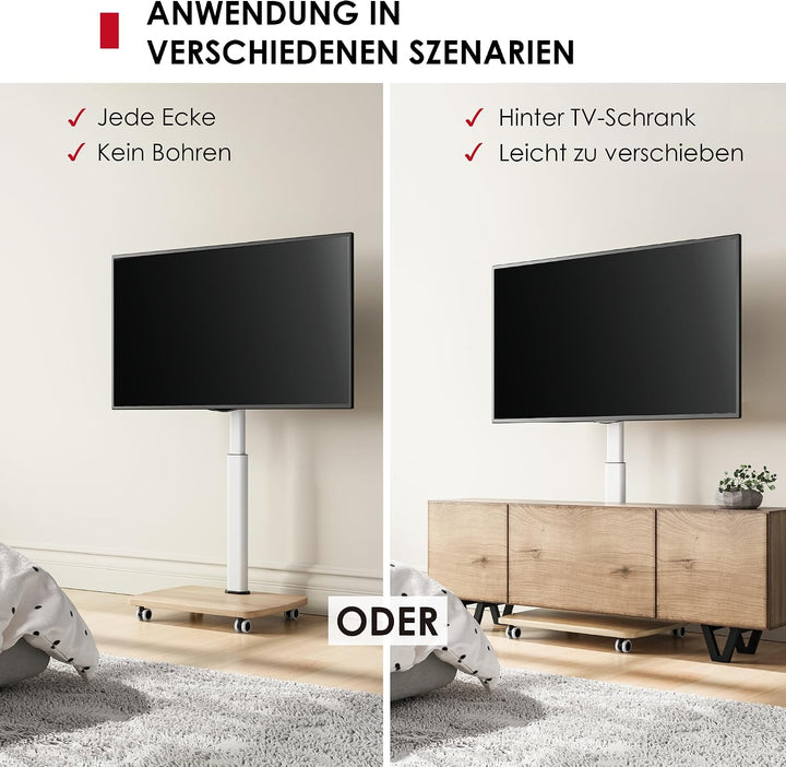 AOKCOS TV Ständer Rollbar mit Holzablage, Fernsehständer auf Rollen für 32-65 Zoll Fernseher, TV Bod