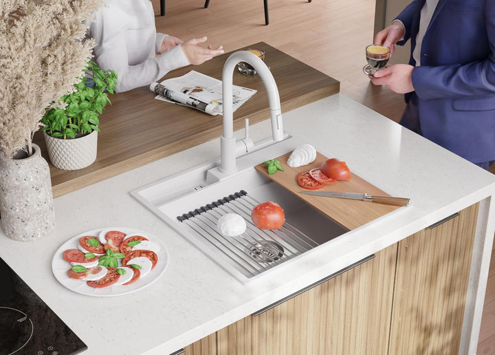 PRIMAGRAN Spülbecken Weiss 58x53cm, Granitspüle 1 Becken + Ablauf-Set, Küchenspüle ab 60er Unterschr