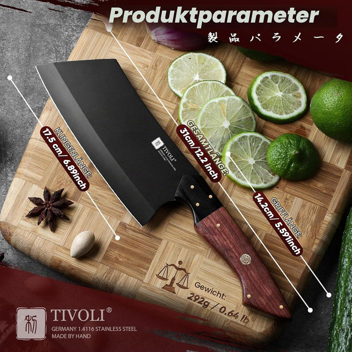 TIVOLI Hackmesser, Edelstahl, robuste Klinge, langlebig, ergonomischer Holzgriff für Fleisch, Knoche