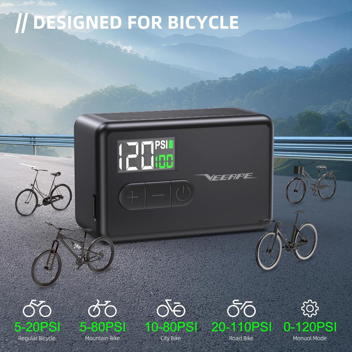 VEEAPE Tiny Pump Mini Fahrradluftpumpe, 120 PSI Elektrische Fahrradluftpumpe, Tragbare Fahrradpumpe