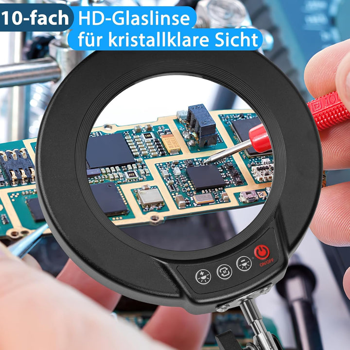 10X Lupe mit Licht und Klemme, LED Lupenlampe mit Glaslinse, 5 Farbmodi Stufenlosem Dimmen, Lupe mit