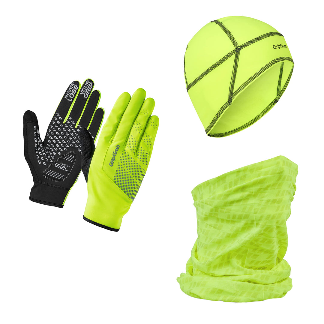 GripGrab Hi-Vis Radsport Winter Geschenkbox für Fahrradfahrer 3er Set Rad Handschuhe Unterhelmmütze