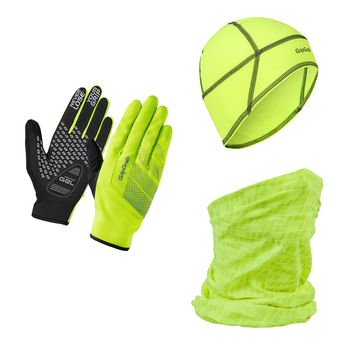 GripGrab Hi-Vis Radsport Winter Geschenkbox für Fahrradfahrer 3er Set Rad Handschuhe Unterhelmmütze