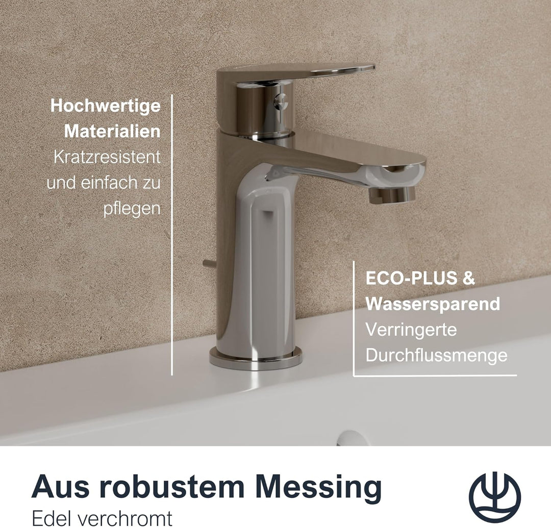 KLUDI-X1 Niederdruck Waschtischarmatur, Auslaufhöhe 95 mm, wassersparender Wasserhahn Bad Grösse M,