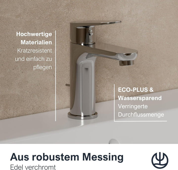 KLUDI-X1 Niederdruck Waschtischarmatur, Auslaufhöhe 95 mm, wassersparender Wasserhahn Bad Grösse M,