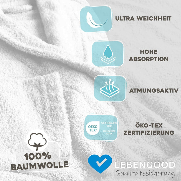 LEBENGOOD Bademantel für Damen, Herren, Unisex, Frottee 100% Baumwolle, Weicher Morgenmantel Dusche,