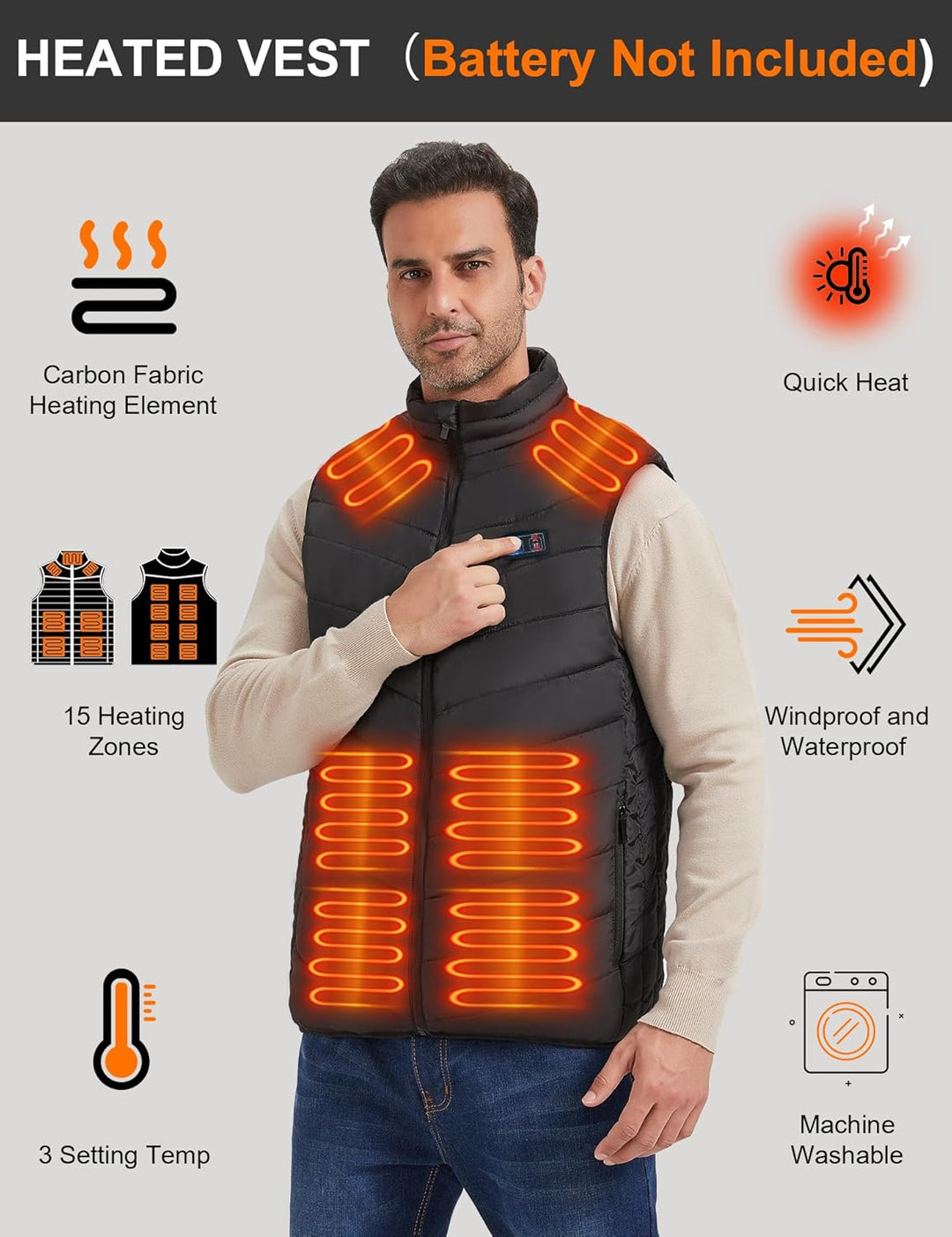 vapesoon Beheizbare Weste für Damen und Herren, Beheiztes Gilet mit 15 Heizpads, beheizter Körperwär