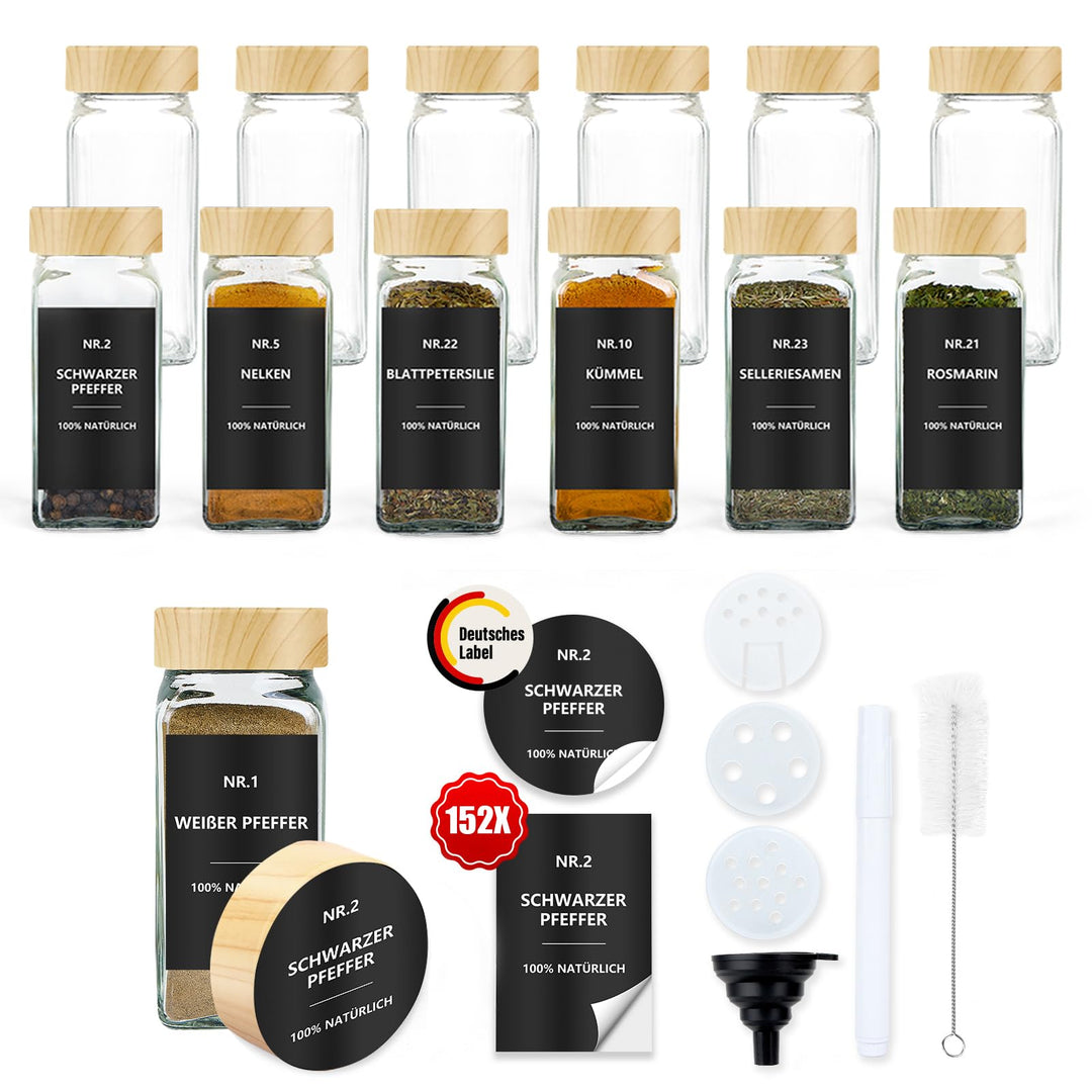 Gewürzgläser Eckig mit Etiketten Set 12er: Kleine Gewürzdosen Glas 120ml mit Streueinsatz Wasserfest