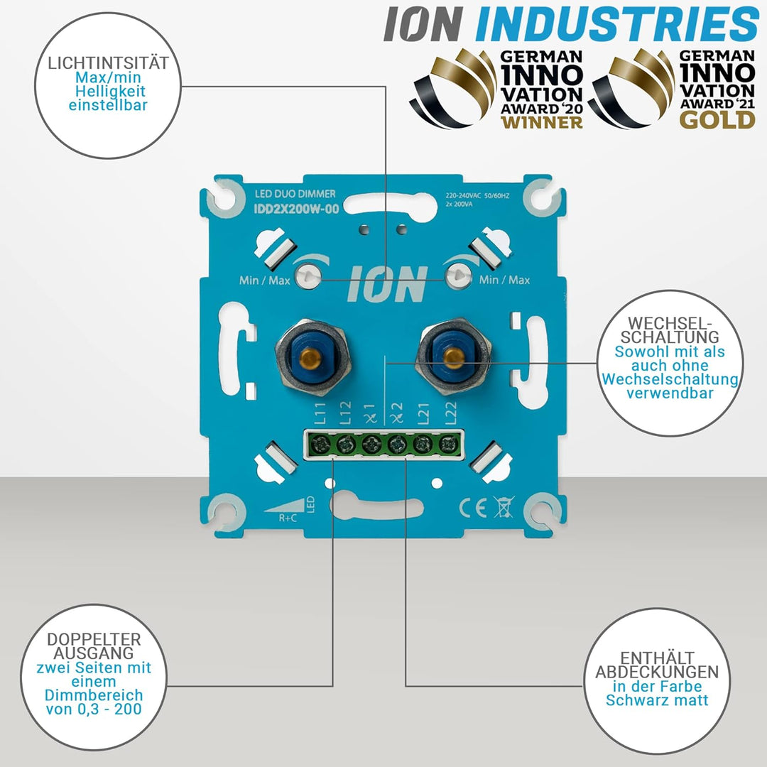 ION INDUSTRIES 2X200W Duo LED Dimmer - Mit Anthrazit Frontplatte - Professioneller Duo Dimmerschalte