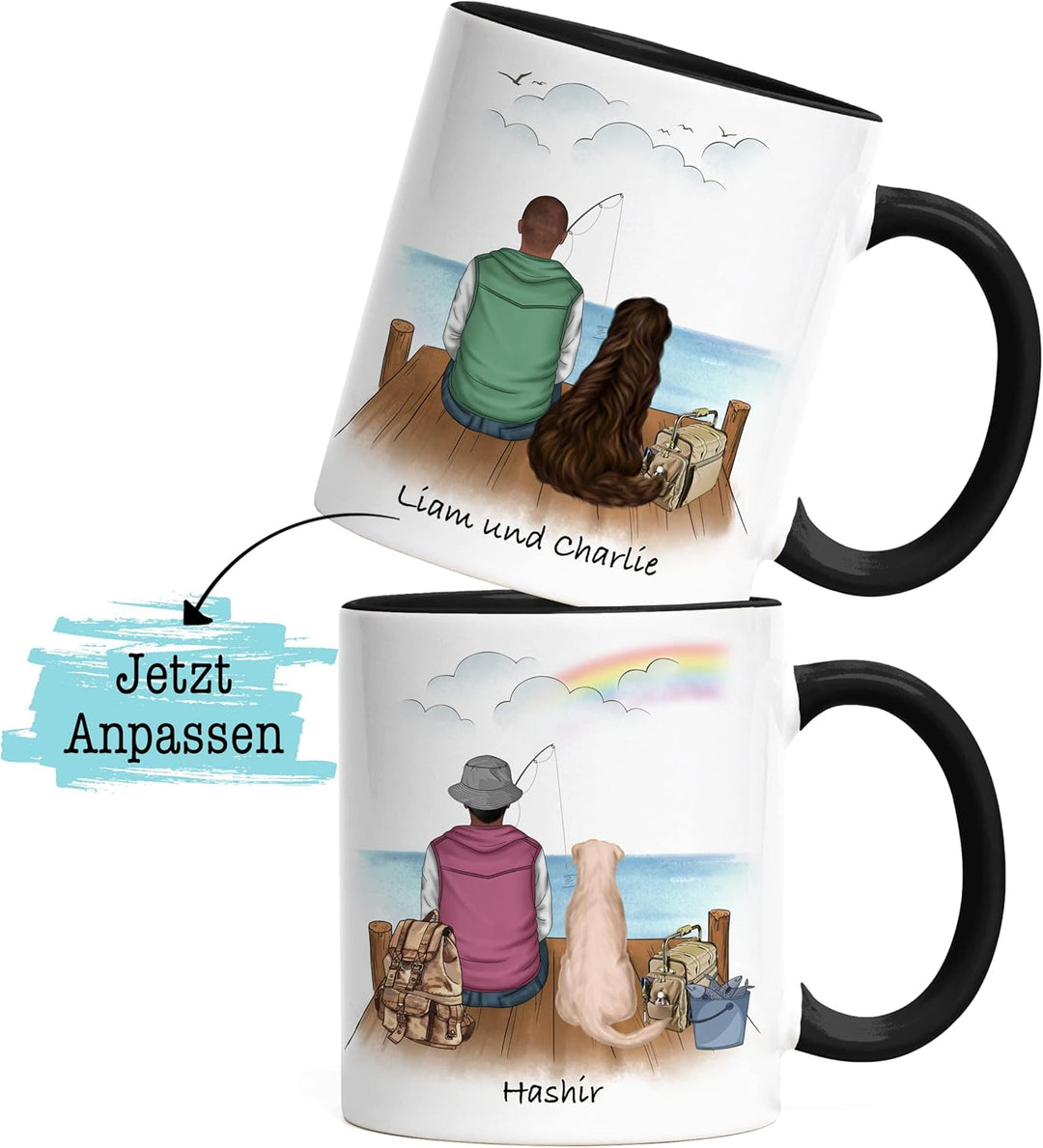 Angler & Hund Tasse Schwarz Personalisiert Individuell mit Name Angeln Fischen Geschenk Opa Vater zu