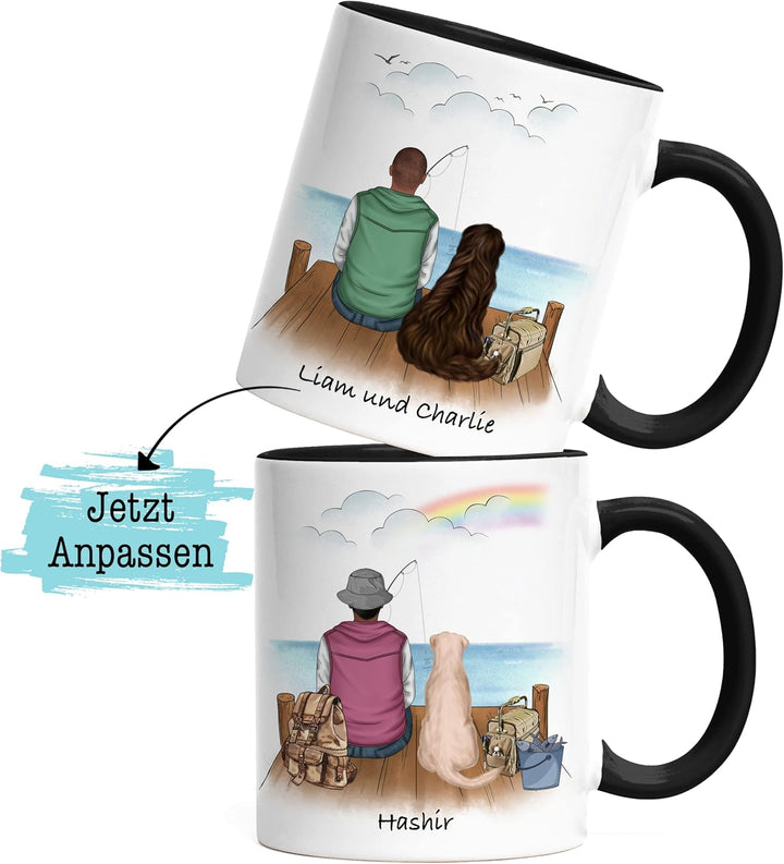 Angler & Hund Tasse Schwarz Personalisiert Individuell mit Name Angeln Fischen Geschenk Opa Vater zu