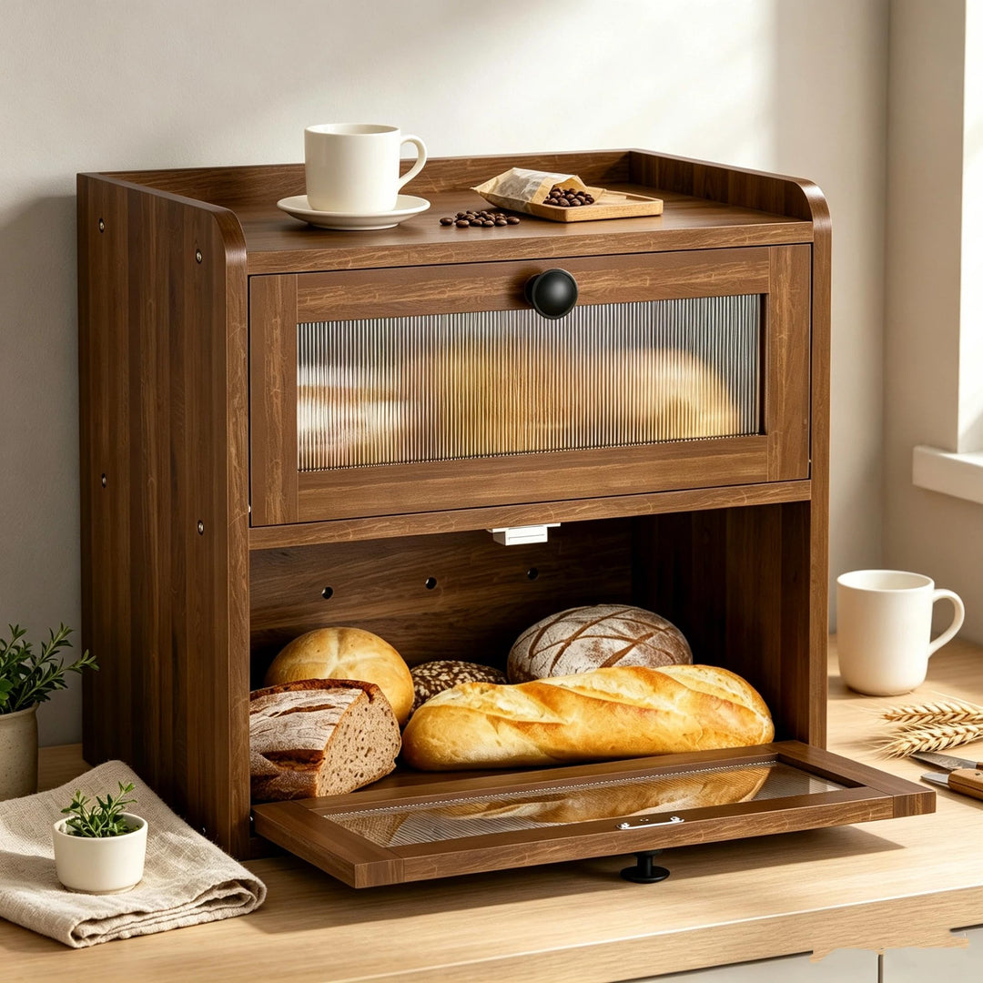 Brotkasten Holz 2 Etagen – Grosser Brotkasten aus massivem Kiefernholz mit Magnetverschluss &amp; Doppel