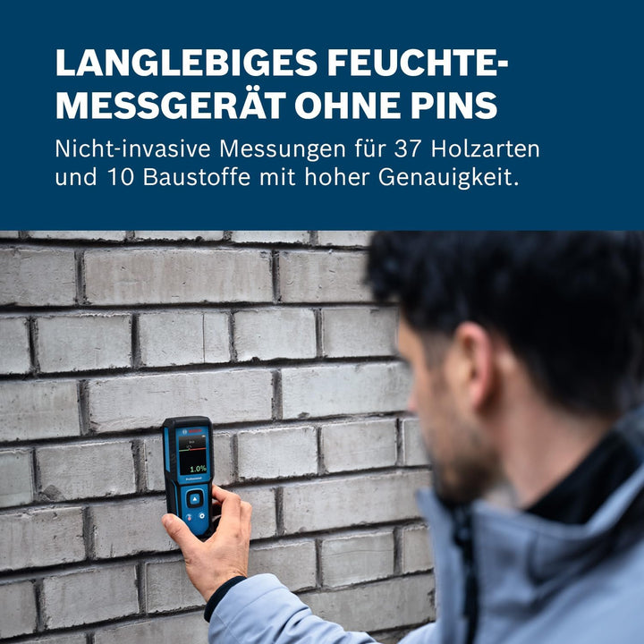 Bosch Professional Feuchtemessgerät GMM 1-15 (nicht-invasiv, misst 37 Holzarten und 10 Baustoffe, Sc