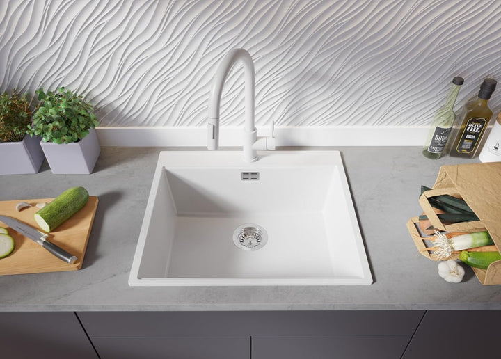 PRIMAGRAN Granitspüle Weiss 58x50cm, Spülbecken 1 Becken + Ablauf-Set + Küchenarmatur 32x20cm, Küche