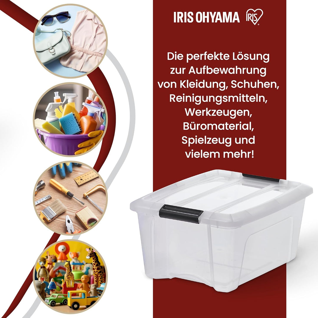 Iris Ohyama, 6er-Set, Aufbewahrungsboxen, 15 L, mit Clips, stapelbar, Wohnzimmer, Schlafzimmer, Gara