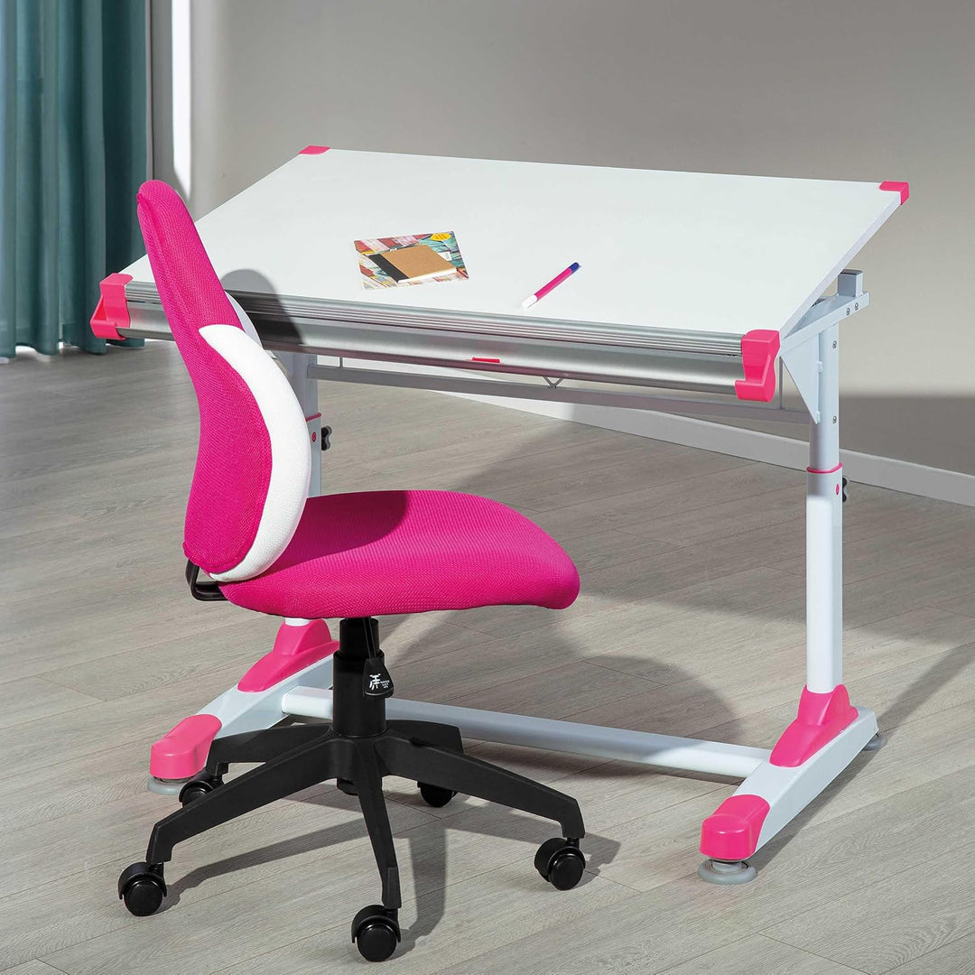 Schreibtisch mit höhenverstellbarer Kippplatte und Ablagefach aus MDF und Metall Weiss, Pink, Grün S