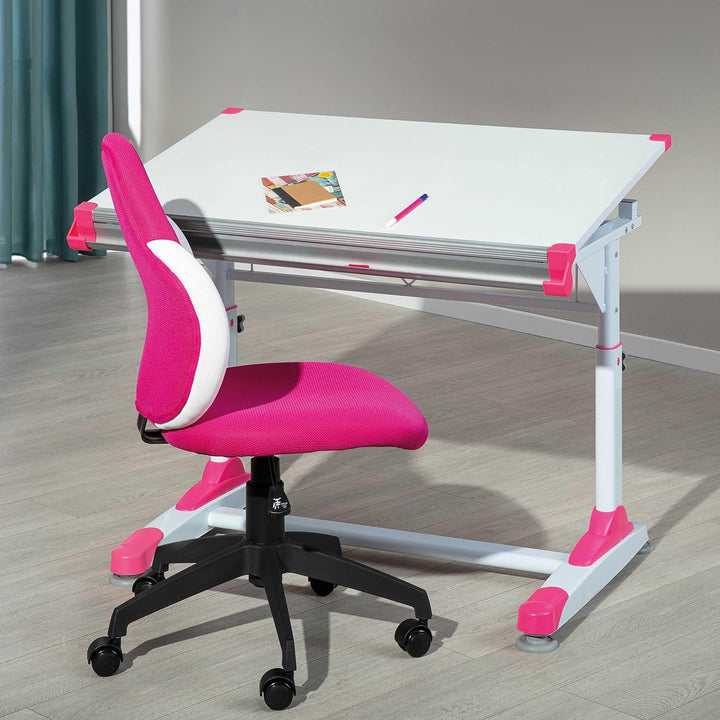 Schreibtisch mit höhenverstellbarer Kippplatte und Ablagefach aus MDF und Metall Weiss, Pink, Grün S