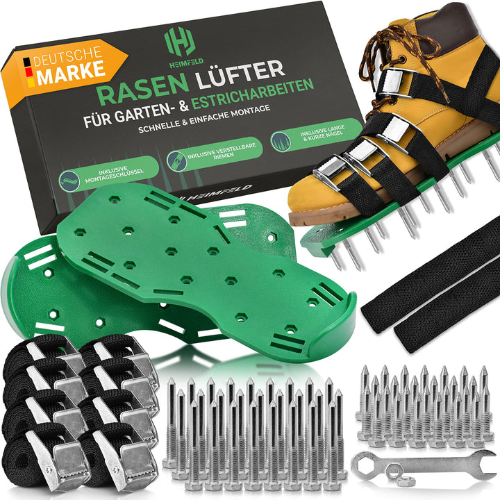 HEIMFELD® Nagelschuhe mit Riemen - Zum Rasen belüften oder als Estrichschuhe - Rasenlüfter Schuhe in