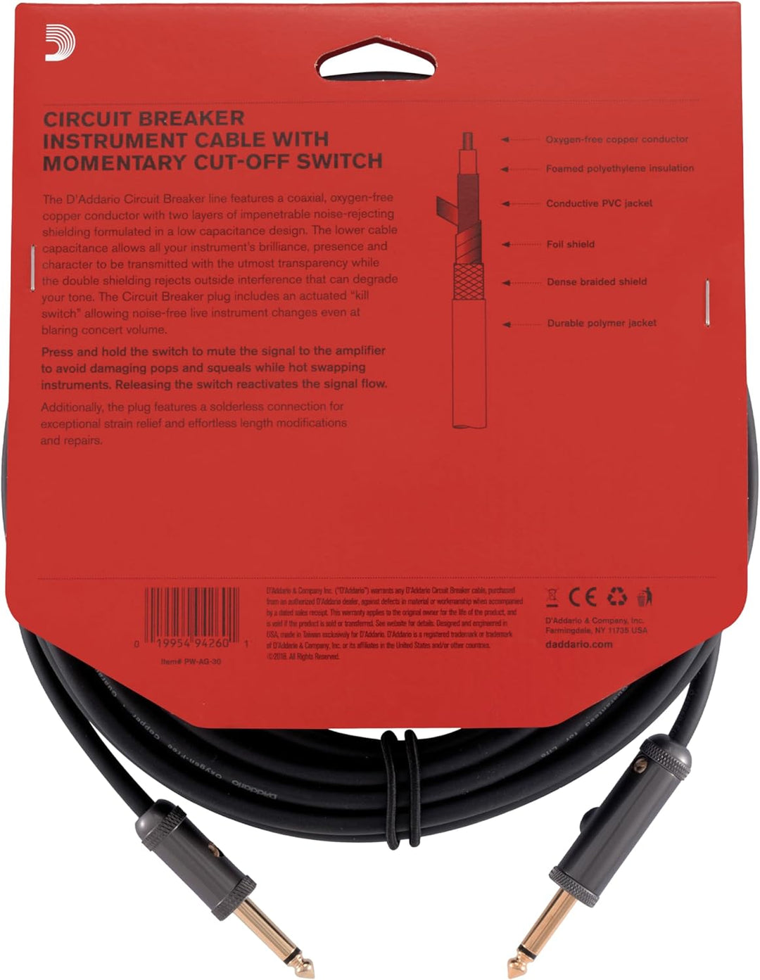 Planet Waves PW-AG-30 Custom Series Cables 9,1m (30 Fuss) schwarz 30 Fuss Momentary Straight, 30 Fus