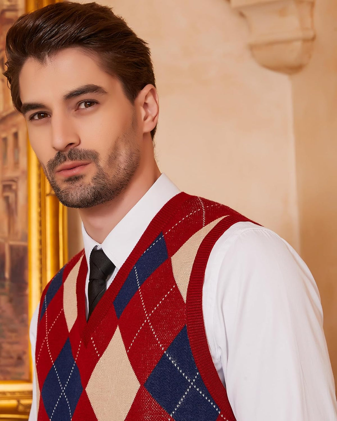 Kallspin Herren Argyle Gestrickt Ärmellos Pullover Wollmischung V-Ausschnitt Strickwesten XXL Burgun