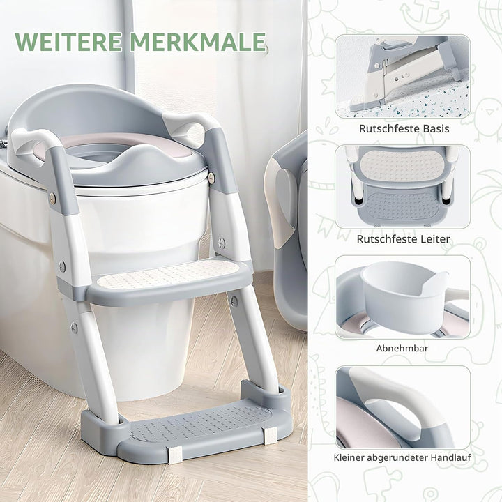 Toilettensitz Kinder mit Treppe, 2-in-1 Toilettentrainer für Kinder, WC Sitz mit PU Gepolsterter, Hö