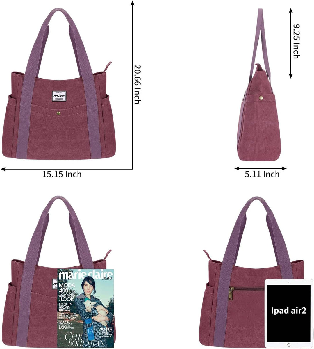 HAWEE Canvas Damen Handtasche Shopper Tote Bag Grosse Schultertasche mit Reissverschluss Umhängetasc