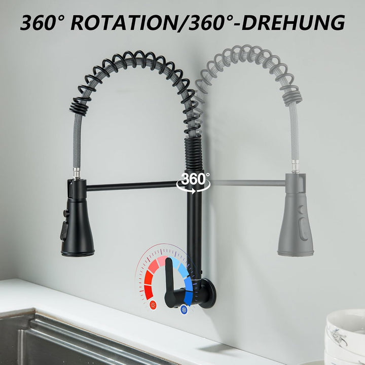 LIWEIKE Wasserhahn Kaltwasser Schwarz, 360° Drehbarer Kaltwasser armaturen mit 3 Strahlarten Wasserh