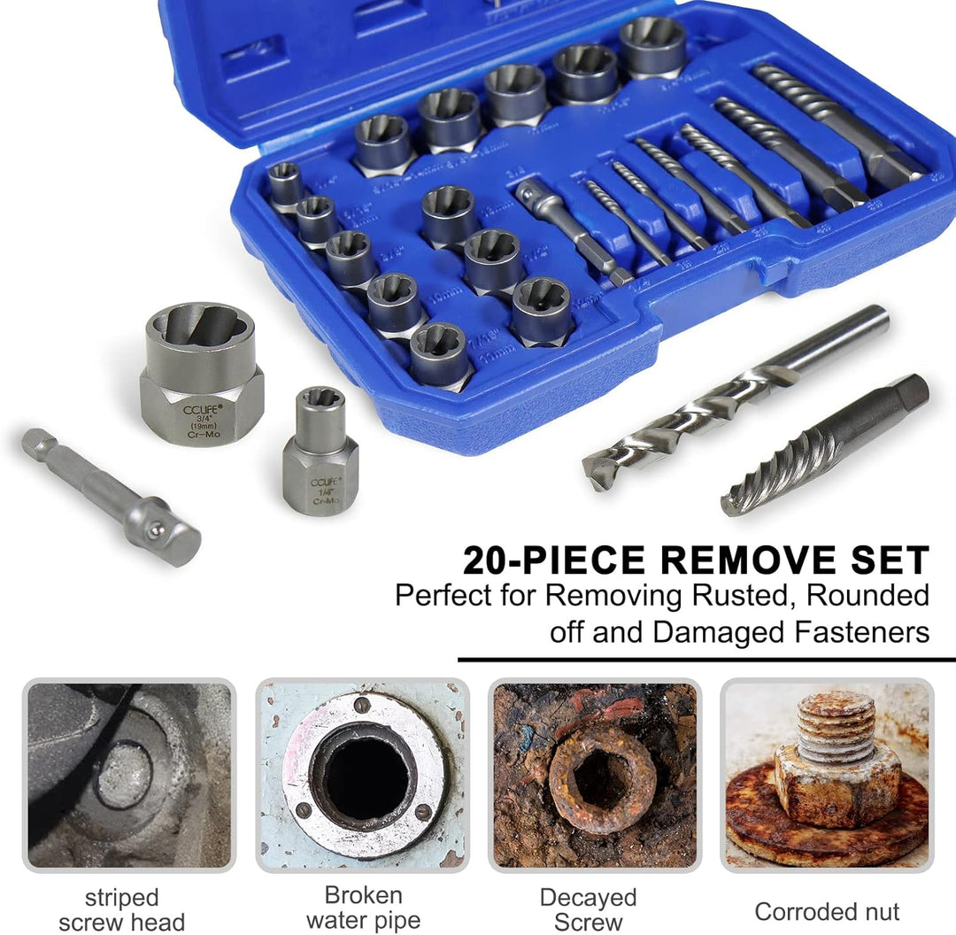 CCLIFE Schraubenausdreher Set 26tlg 3/8" CR-MO Turbonüsse 8-19mm | Linksausdreher Stecknüsse zum Ent