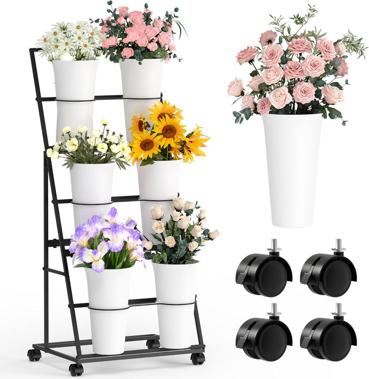 Invech Blumenständer mit 6 Eimern, 3 Etagen Blumenständer aus Metal mit Rollen, Mobiler Pflanzenstän