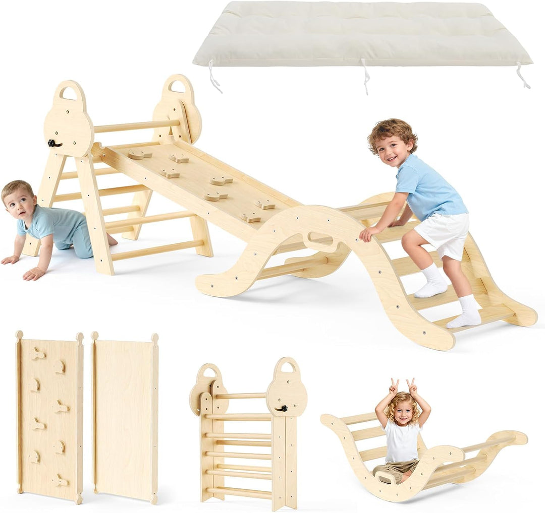 klettergerüst Indoor,7-in-1 Montessori Kletterdreieck mit Kletterbogen und Rutsche, Holzdreieck für