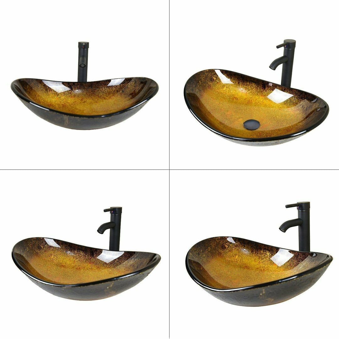 YU YUSING Aufsatzwaschbecken Waschbecken Glas Waschtisch, Oval Hand Waschschale mit Wasserhahn Set,