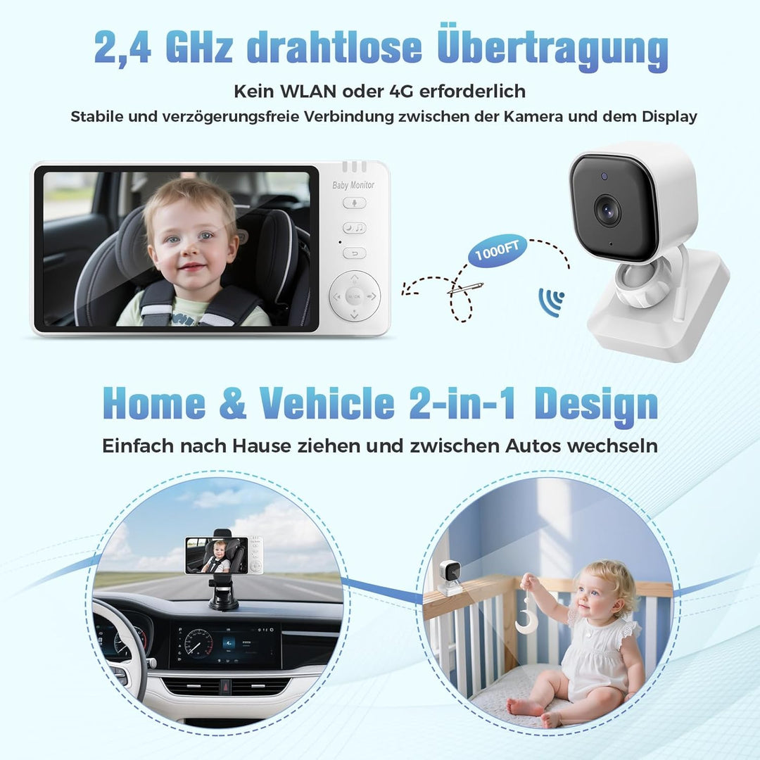 Baby Kamera Auto: 5" HD Kabelloser Baby Monitor mit Infrarot-Nachtsicht und Temperaturanzeige Batter