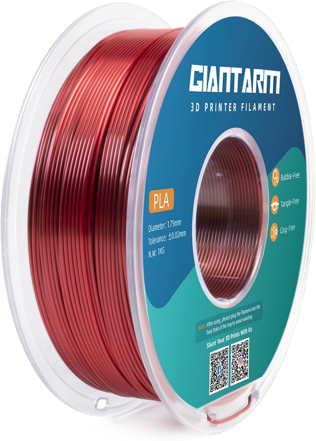GIANTARM Dual Silk PLA Filament 1.75 mm, 3D Drucker PLA Silk Filament 1 kg/Spule, zweifarbig Rot+Sch