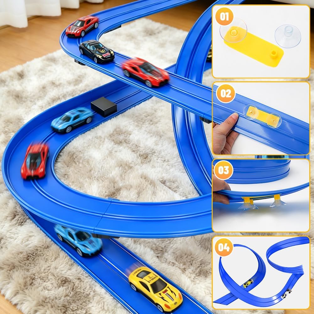 Tragbare Rennbahn für Kinder 5 Meter Flexible Dual-Rennstrecke mit 4 Leichtmetall-Autos, Rampen & Au