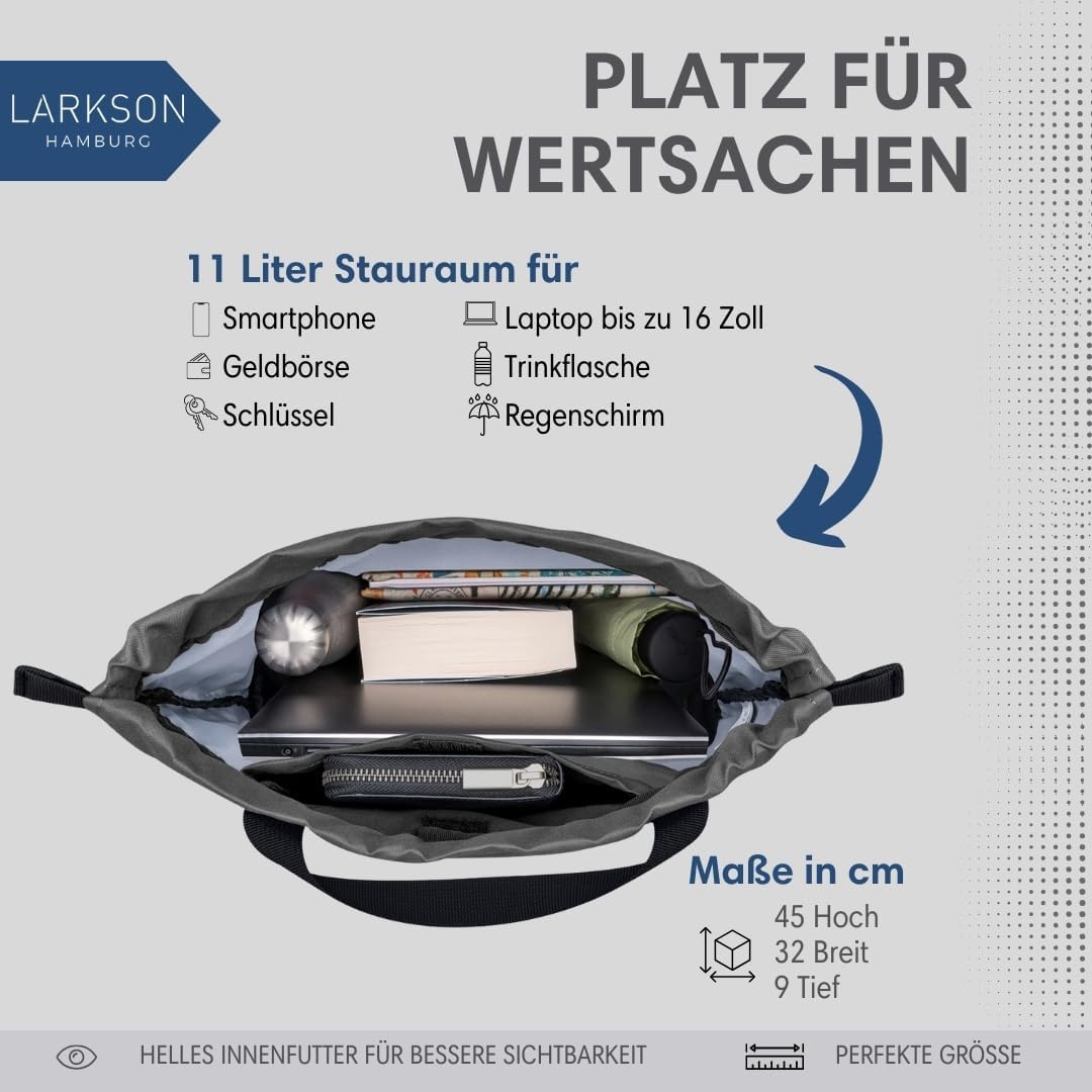 LARKSON Turnbeutel Damen &amp; Herren Grau - No 7 - Rucksack Damen für Sport und Festival - Beutel Rucks