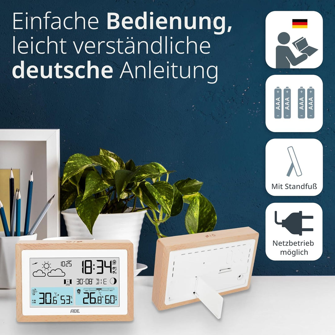 ADE Digitale Wetterstation Funk mit Aussensensor | Innen- und Aussentemperatur | Hygrometer, Baromet