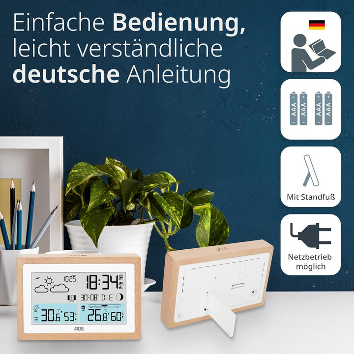 ADE Digitale Wetterstation Funk mit Aussensensor | Innen- und Aussentemperatur | Hygrometer, Baromet