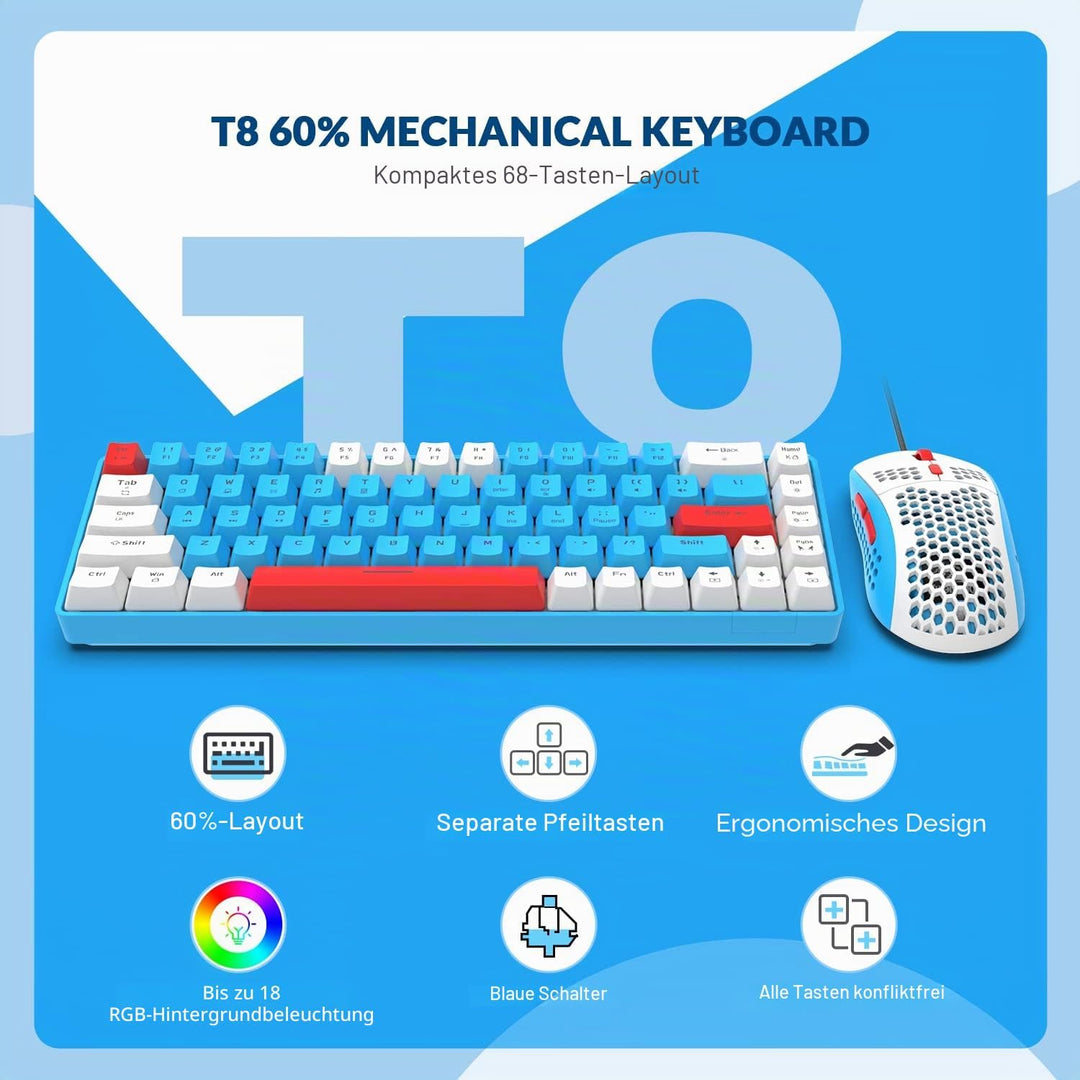 YINDIAO T8 60% RGB Gaming Tastatur und Maus Set + Gewendeltes USB-C Kabel,Kabelgebundene Mechanische