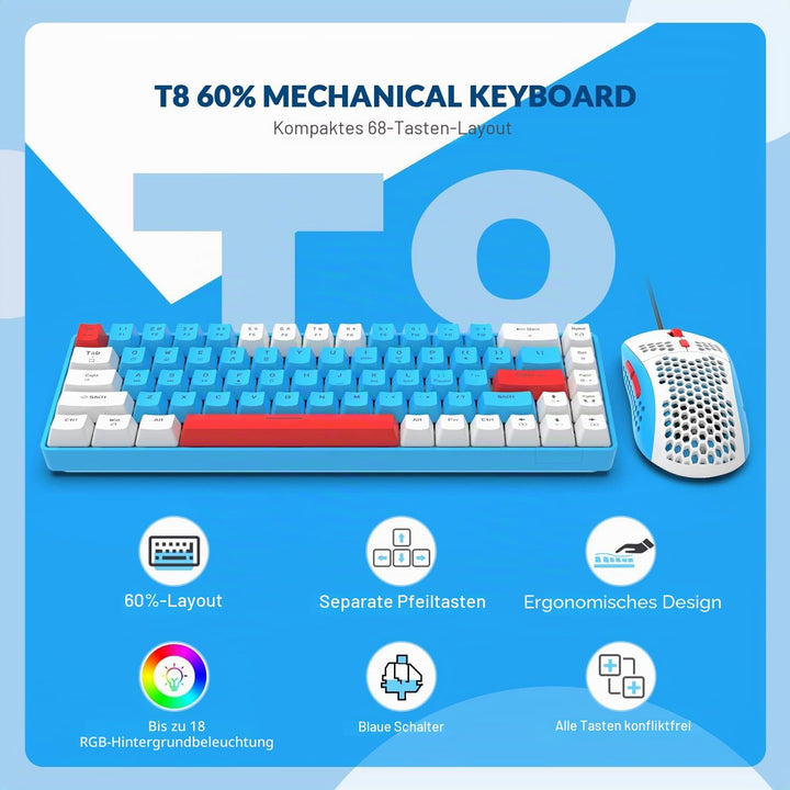 YINDIAO T8 60% RGB Gaming Tastatur und Maus Set + Gewendeltes USB-C Kabel,Kabelgebundene Mechanische