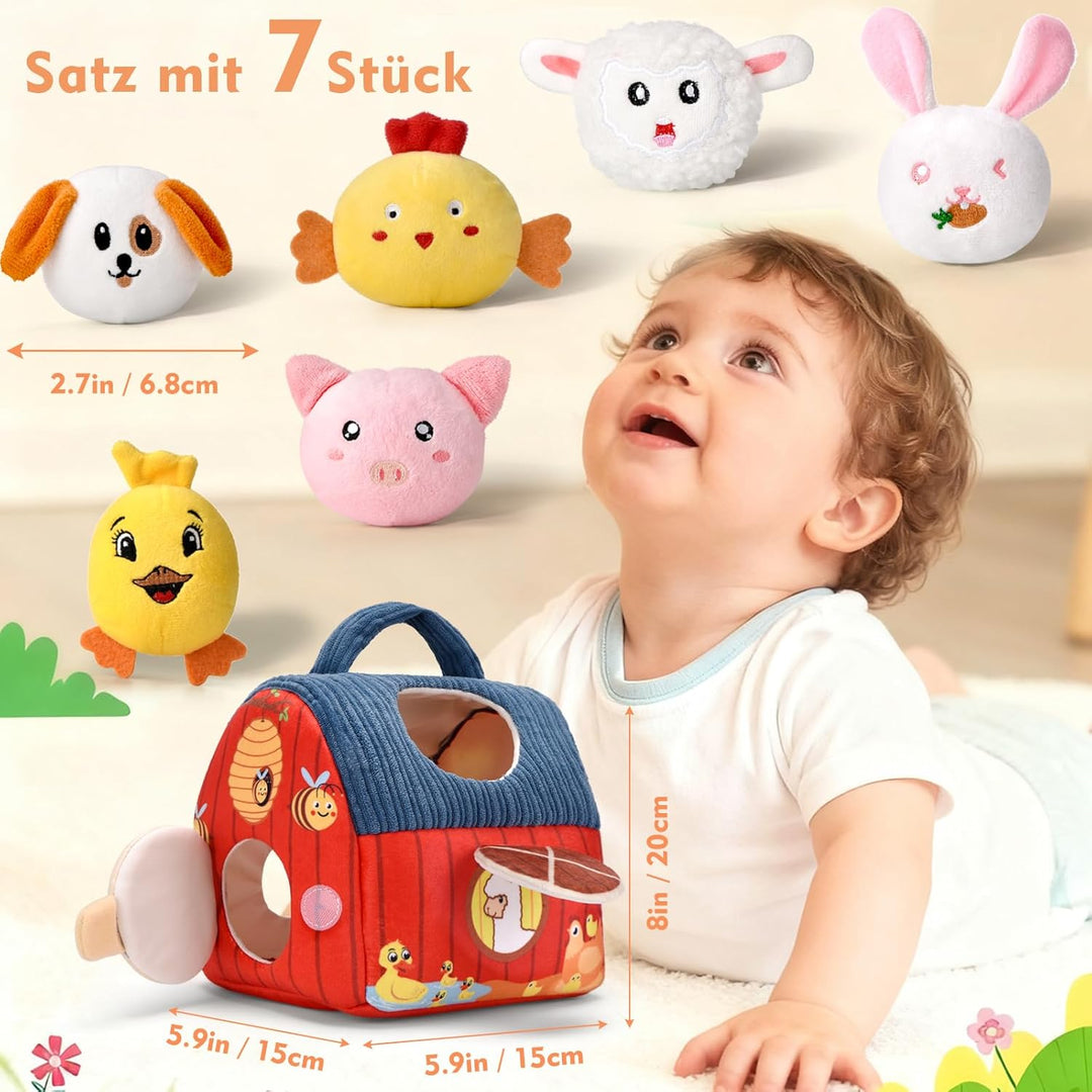 Baby Montessori Spielzeug ab 6 Monate 1 Jahr, Kinder Sensorikspielzeug mit Scheune & 6 Tierrasseln v