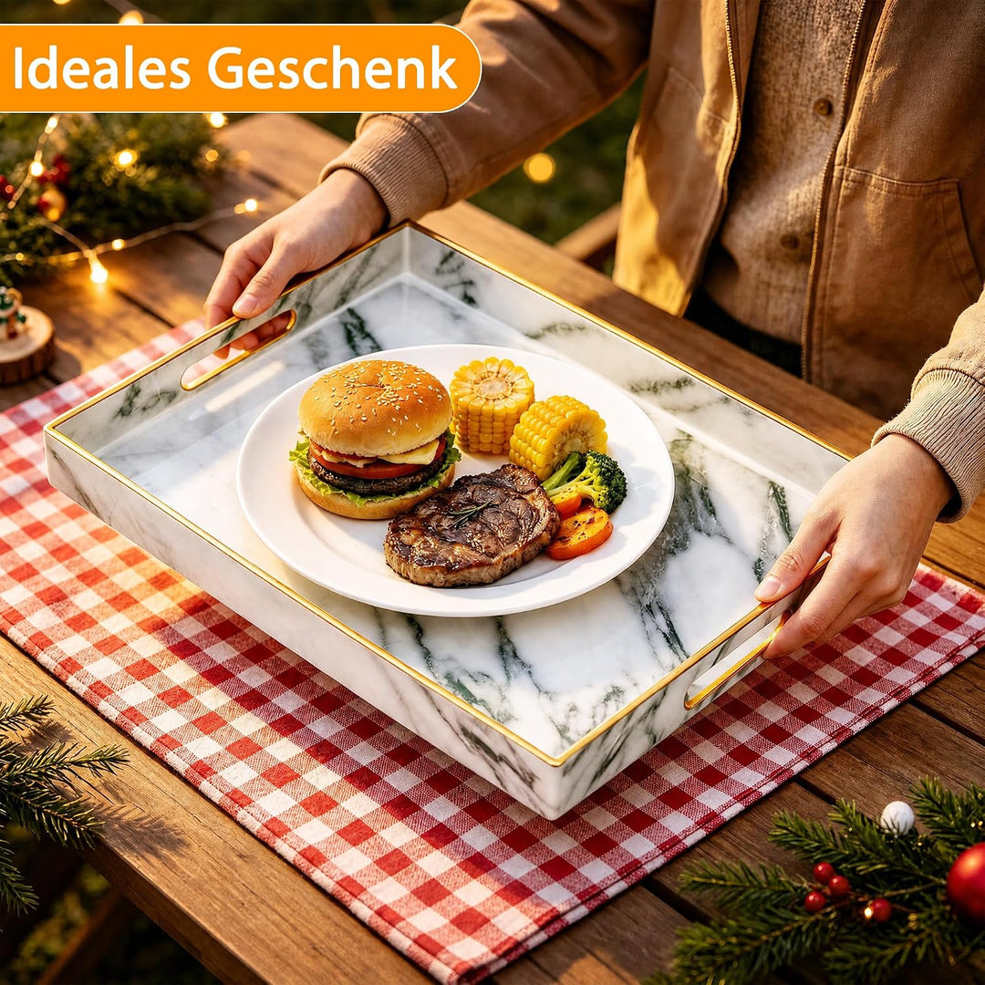 Serviertablett, Tablett mit Griff Marmor Deko Rechteckig Kaffeetablett, Bruchsicher Gross Tablett fü