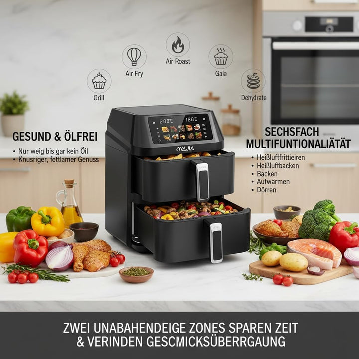 Airfryer, Heissluftfritteuse 2 Kammern, 12 L Heissluftfritteuse, Innovative Mehrfach-Luftgeschwindig